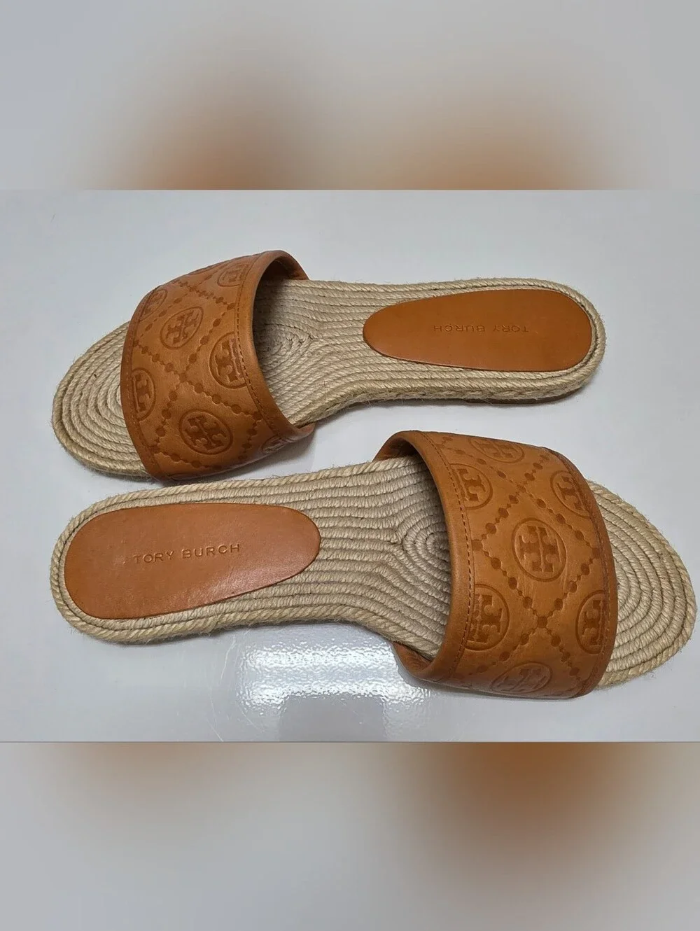 Tory Burch Cognac Leather Logo Espadrille Slide Sandals